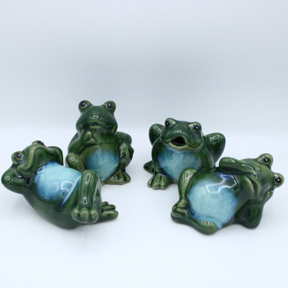 Set of 4 Adorable Glossy Ceramic Frogs